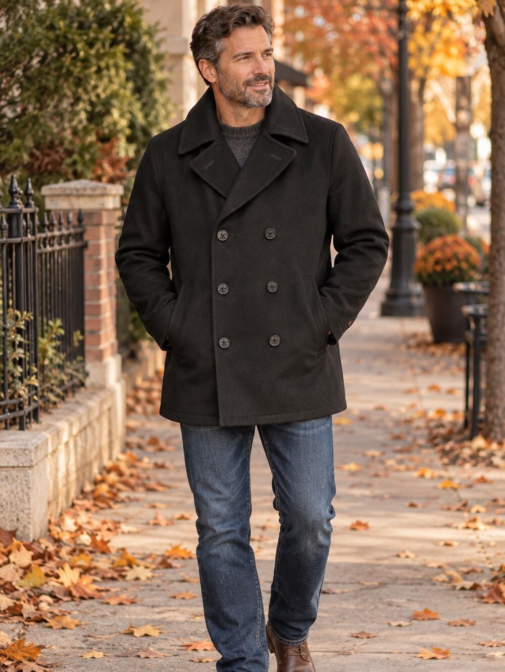 Nautica Men's L Black Wool Blend Double Breasted Peacoat Winter Coat